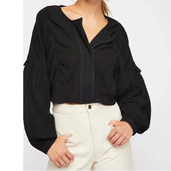 Free People Day Dreaming Black Button Front Balloon Sleeve Blouse Top FLAWED - Picture 1 of 11